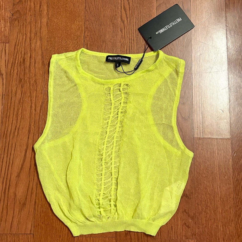 PrettyLittleThing Neon Yellow SheerTank Top. Size small. New with tags